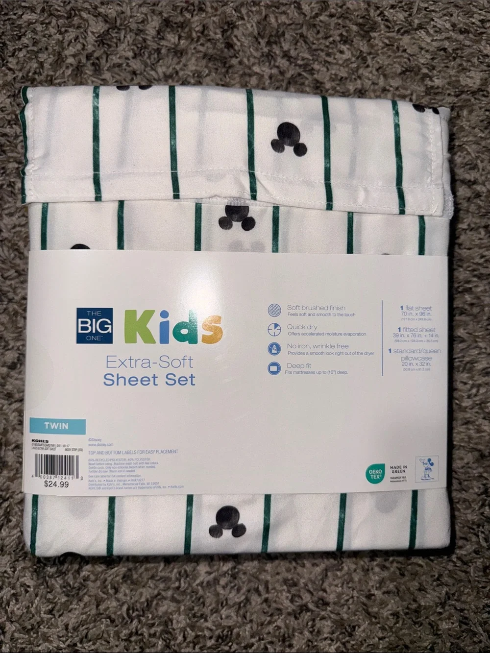 Disney White Sheet Set with Green Stripe and Black Mickey Heads